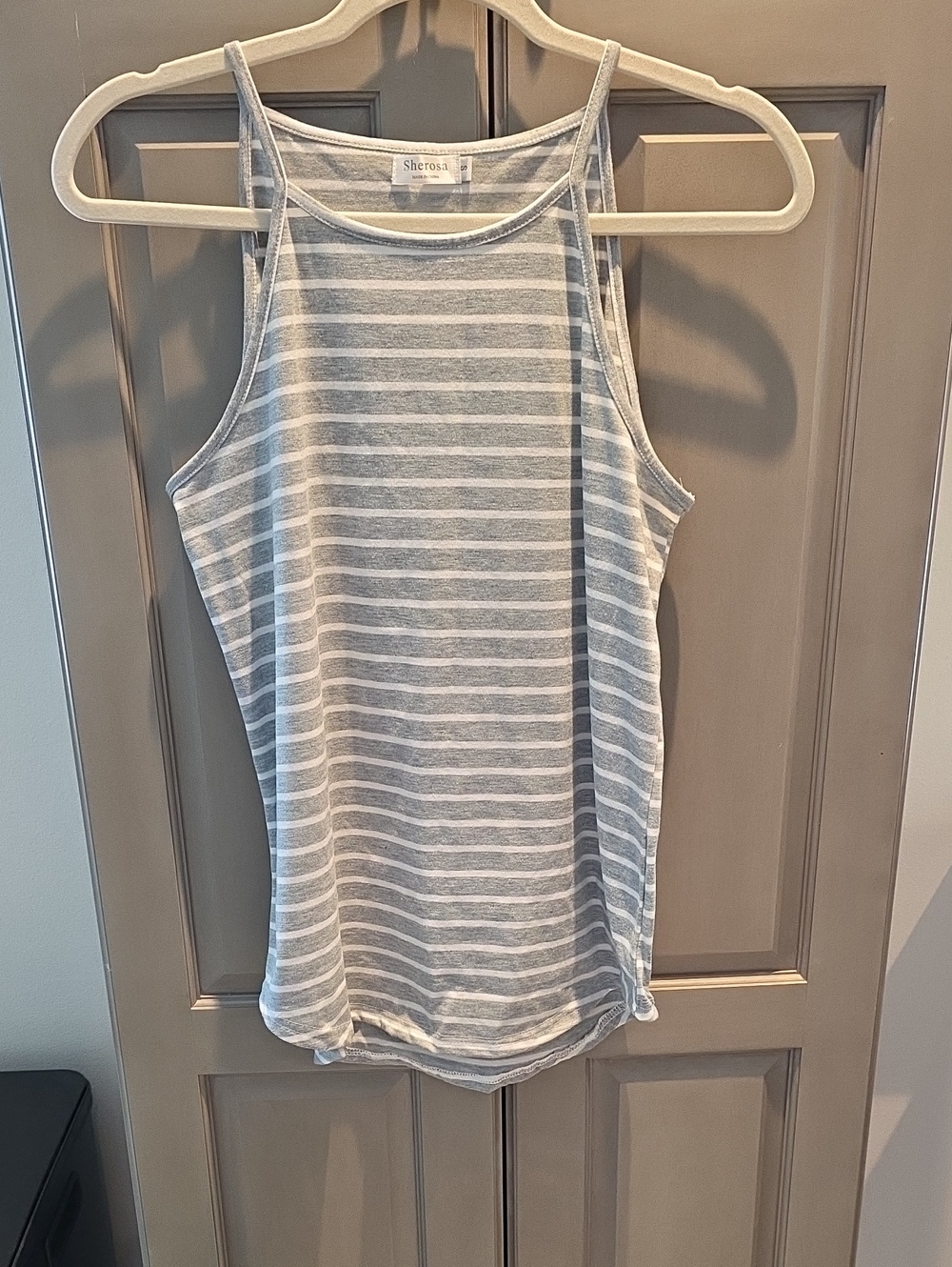 Gray & White Striped High-neck Tank Top